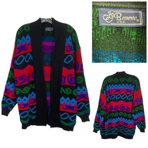 Vintage 1980's JJ Browne USA Cardigan Sz L Pop Art Graphic New Wave Sweater